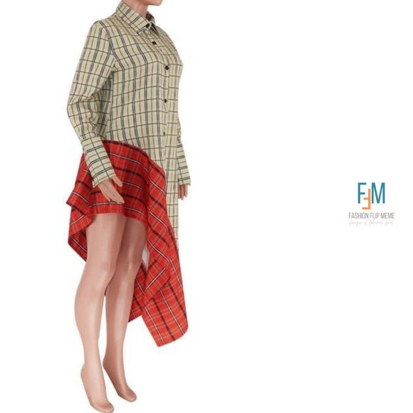 Contrast Asymmetrical Hem Long-Sleeve Plaid Shirt Dress - Picture 3 of 5